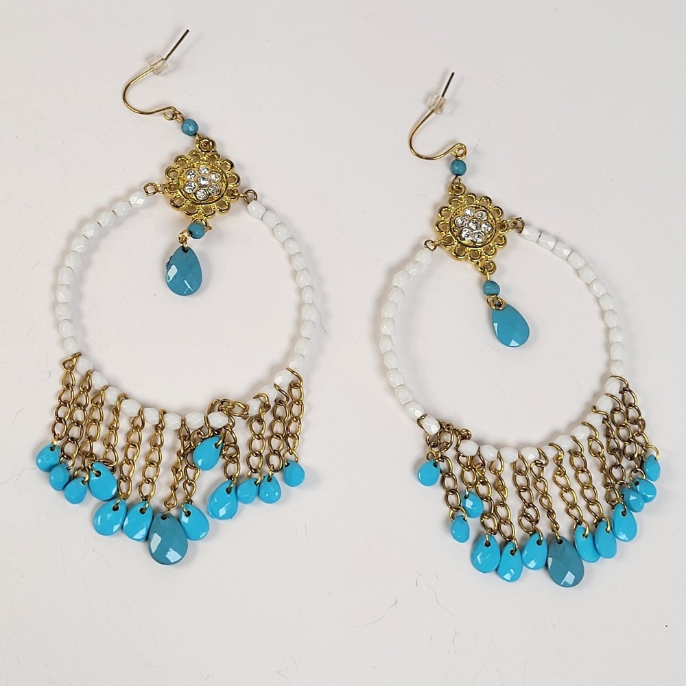 DRU Dangle Beaded Hoop Earrings Blue Teardrop Tassel‎ Boho Statement Jewelry